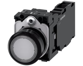 Siemens Sirius Act 22mm trykknap med rund, klar plastikknap og sort hus med 1NO1NC kontakter og skrueterminaler.