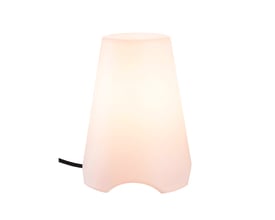 En hvid SLV KIROCONE TL udendørs bordlampe oplyst indefra mod en hvid baggrund.