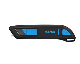 Martor SECUNORM 300 sikkerhedskniv med trapezblad, sort håndtag og blå skyder.
