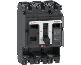 Schneider Electric ComPacT NSX250F 3-polet DC-maksimalafbryder, 250A, 750VDC, med tydeligt mærke og håndtag på mørkegrå baggrund.