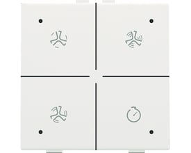 Niko ventilationstryk med hvid coated finish og fire knapper til ventilationsstyring, inklusiv en timerfunktion. Leveres på en neutral baggrund.
