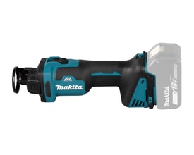 Makita 18V kulfri rotationsskærer med påsat 18V Li-ion batteri, vist fra siden med logoer og specifikationer.