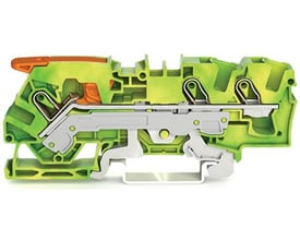 Wago 3-leder-jordklemme i grøn-gul med 6 mm2 kapacitet og Push-in CAGE CLAMP teknologi vist i snit.