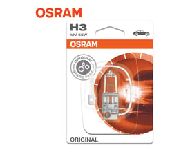 Osram ORIGINAL H3 forlygtepære i enkeltblister, med 12V 55W specifikation og PK22s sokkel, klar til montering i bilens forlygte.