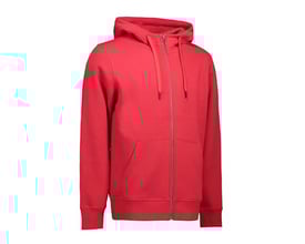 ID Identity hættecardigan i klassisk rød design med lynlås og kængurulomme, størrelse M.