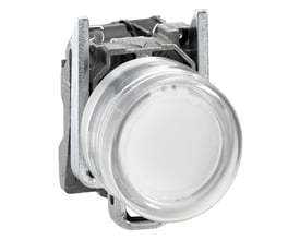 Schneider Electric lampetryk med hvid LED og 24VAC/DC, ø 22 mm metalknap til ATEX-miljøer.