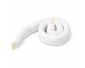 Hvid Spillify Strong Oil Only-absorberingsslange rullet sammen med gule endeløkker, 3 meter lang og 12 cm i diameter.