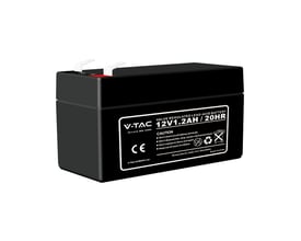 V-TAC Pro serie 1,3Ah blysyrebatteri, 12V1.2AH / 20HR, med CE-mærkning og advarselsikoner på siden.