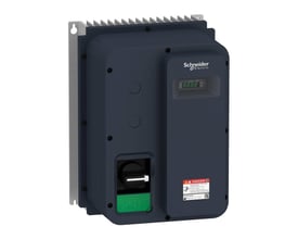 Frontvisning af Schneider Electric frekvensomformer 2,2kW, 400V IP65, der viser betjeningsdisplay, nødstopknap og advarselsskilt.