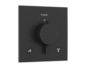 Hansgrohe Ecostat Comfort E termostatarmatur i mat sort til indbygning, med et stort drejehjul og to symboler for udtag.