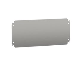 Schneider Electric galvaniseret montageplade i stål, 250 x 500 mm, med tydelige monteringshuller i hjørnerne og afrundede kanter.