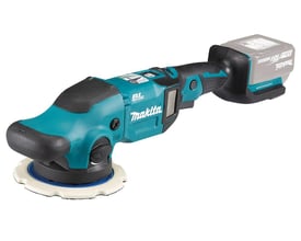 Makita Akku 18V polermaskine LXT DPO600Z set fra siden med fokus på ergonomisk håndtag og batteri.