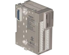 Schneider Electric TM3-modul DI16 DO8 med skrueklemme, vist fra siden med synlige mærkater og tilslutningspunkter.