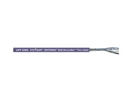Lapp Unitronic Bus DN Thin Y kabel med mærkattekst 'LAPP KABEL STUTTGART UNITRONIC BUS DeviceNet Thin Cable' vist med afskåret ende.