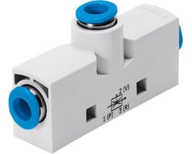 Festo vakuumejektor VN-05-L-T3-PQ2-VQ2-RQ2 i hvid plast med blå push-in konnektorer og symboler trykt på siden.