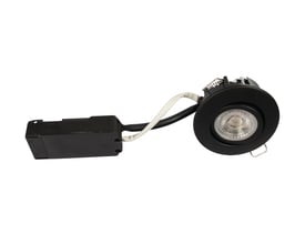 Scan Products Luna Low Profile LED downlight i mat sort, med tilhørende driverboks og kabel, klar til installation.