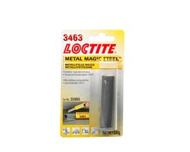 Loctite Metal Magic Steel 3463 metalmasse i 50g pakke, med produktinformation og anvendelsesillustrationer.