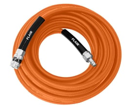 FLAIR 10m 3/8" Hyper Flexslange i orange gummi/polymer komposit med fletforstærkning og sorte endestykker med kobling og nippel.