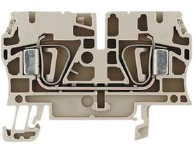 Snit af Weidmüller ZDU 4 gennemgangsklemme, viser den beige konstruktion og fjedermekanismen for 4mm² ledere.