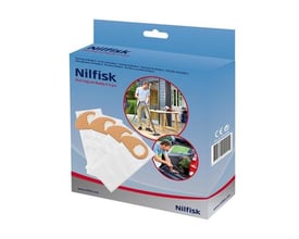 Blå Nilfisk emballage til støvsugerposer til Buddy II 4 stk, med billeder af produktet og brug i hjemmet og bilen.
