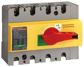 Schneider Electric Interpack INS125 lastafbryder med 4 poler og en rød betjeningshåndtag. Produktet har en gul front med tydelig mærkning.