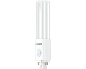 Philips CorePro LED PL-C 4P på 9,5 W med hvidt rør, G24q-3-sokkel og markeringer for tre farvetemperaturer.