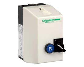 Schneider Electric TeSys LE kapslet motorstarter til 5,5kW og 230VAC med IP65 kapsling og en blå 'R' knap.