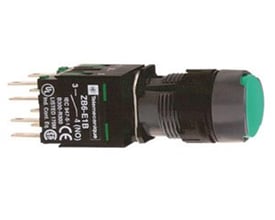 Schneider Electric grøn trykknap XB6 med 16mm diameter og 1NO kontakt, med synlige loddepin-stik og mærkninger.