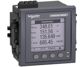 Schneider Electric PowerLogic PM5310 strømmåler med grå front, viser målinger og knapper, med baggrundsbelysning og tydelige tal.
