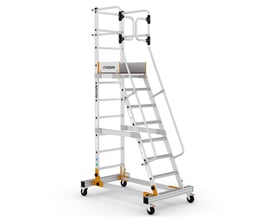 Mobil platform VISTA med 7+1 trin, med Cagsan logo, fremstillet af aluminium med gule detaljer.