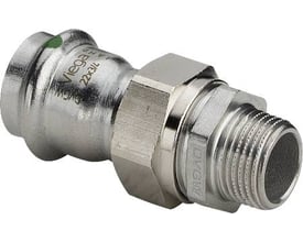 Viega G1 Sanpress Inox union i rustfrit stål med 22 mm pres-ende og ¾" udvendigt gevind med flad pakning.