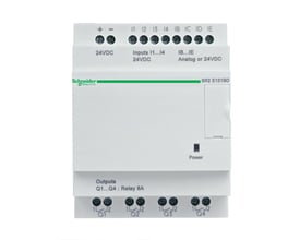 Schneider Electric Zelio SR2 E121BD intelligent relæ med 8I/4U, 24VDC forsyning og 4 udgangsrelæer på hvid baggrund.