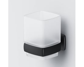 AM.PM Gem tandkrus med holder i sort mat glas og holder. Kruset er firkantet og frostet.