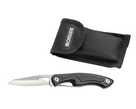 Ironside foldekniv på 178 mm med sort greb og udfoldet blank klinge samt sort tekstilhylster ved siden af.