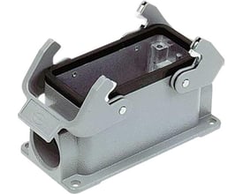 Harting 10B sokkelhus med låsebøjler, fremstillet af aluminium i støvgrå RAL 7037.