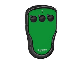 Schneider Electric ZART03 pocket sender med 3 sorte knapper og grønt frontpanel, IP67-klassificeret.