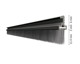 Teknisk illustration af grå DAFA Lozaron DX 908 børstetætningsliste med profil og børster samt målmarkeringer.