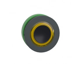Bagsidevisning af Schneider Electric Harmony XB5/ZB5 flush trykknaphoved med gul ring og grøn monteringsring, klar til installation i 30 mm hul.