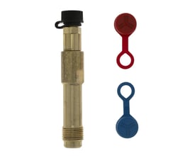 IMI TA måleudtag med sort topventil og to beskyttelseshætter i rød og blå til 3/8" tilslutning.