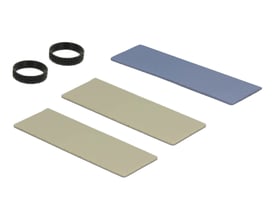 DeLock sort M.2 køleplade med tre selvklæbende termopuder og to sorte ringe på en lys grå baggrund.