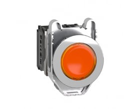 Schneider Electric Lampetryk Flush XB4F i orange med 230V, 1NO-1NC kontakter og LED lysmodul, monteret på hvid baggrund.