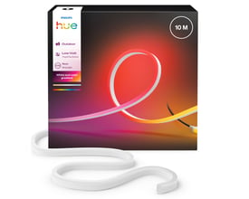 Philips Hue Neon Outdoor lightstrip i 10 meter, der viser gradient farveeffekter fra rød til gul, med stikkontakt og ledning.