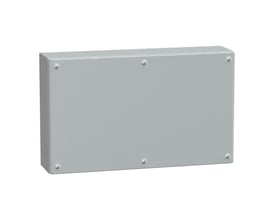Bagsiden af Schneider Electric metalklemkasse i RAL 7035, viser skruemonteringshuller til fastgørelse.
