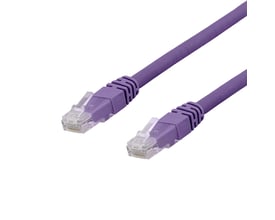 DELTACO U/UTP Cat6a patchkabel på 3 meter i lilla, med klare RJ45-stik og violet kabelkappe.