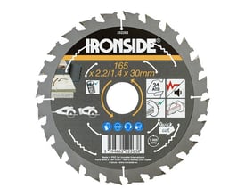 Ironside rundsavklinge på 165 mm med 24 tænder og trykt mærkning, til skæring i træ med søm.