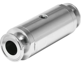 Festo slangeventil VZQA-C-M22U-25-S5S5-V4V4S1-4, en cylindrisk ventil i rustfrit stål med koblinger i hver ende og en lille gevindåbning på siden.
