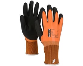 OX-ON Flexible Supreme 1611 arbejdshandsker i størrelse 7 med orange og sort dobbelt latex-belægning og stribet manchet.