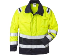 Kansas Fristads Flamestat Hi-Vis jakke i gul og marineblå, str. XL, med reflekterende detaljer og lommer.