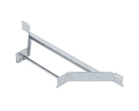 Vinkeldemonstration af OBO Bettermann T-stykke Add-on til kabelstige, visende beslagene til montering på 110 mm sidehøjde kabelstige.