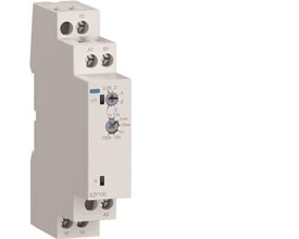 Hager EZF100 tidsrelæ med forsinket frafald, 8 A og 24-230 V AC/DC, set skråt forfra med tilslutninger og indstillingshjul.